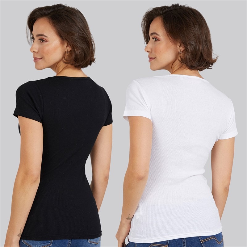 Board Angels Womens Two Pack Scoop Neck Ribbed T-Shirts Black/White - Image 2