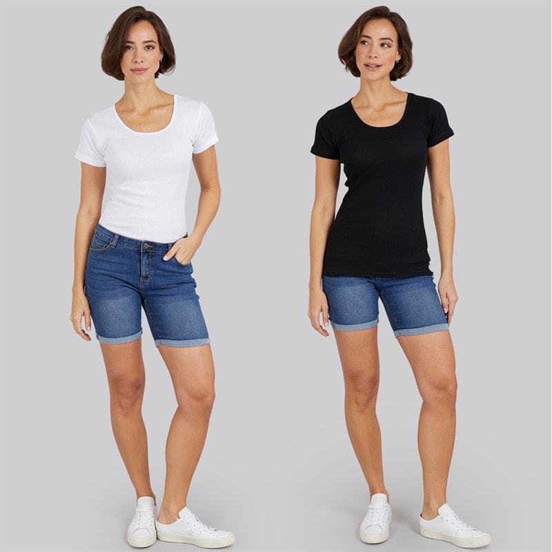 Board Angels Womens Two Pack Scoop Neck Ribbed T-Shirts Black/White - Image 4