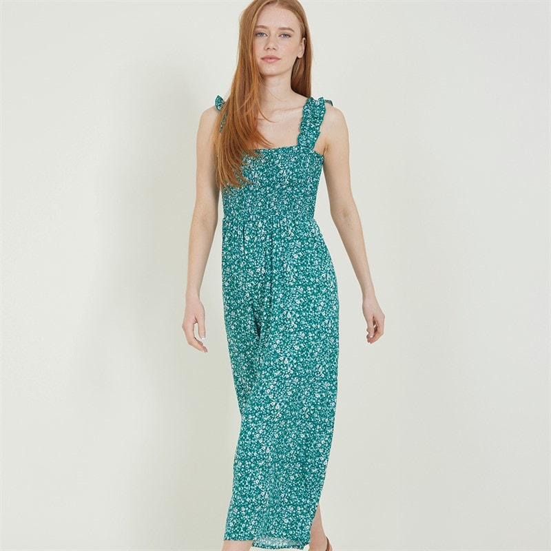 Board Angels Womens Viscose Smocked Jumpsuit Meadow Ditsy Green - Image 1