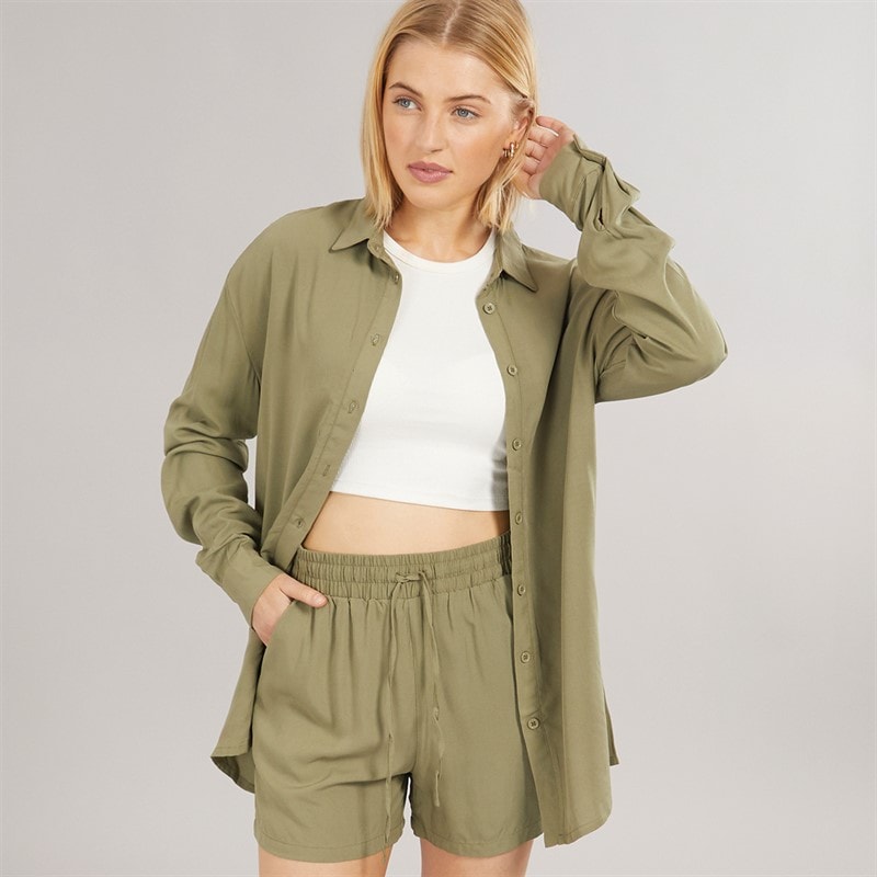 Board Angels Womens Co-Ord Long Shirt And Shorts Set Khaki - Image 1