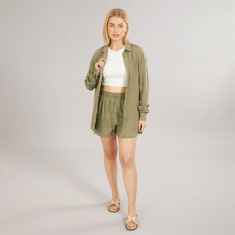 Board Angels Womens Co-Ord Long Shirt And Shorts Set Khaki - Image 4