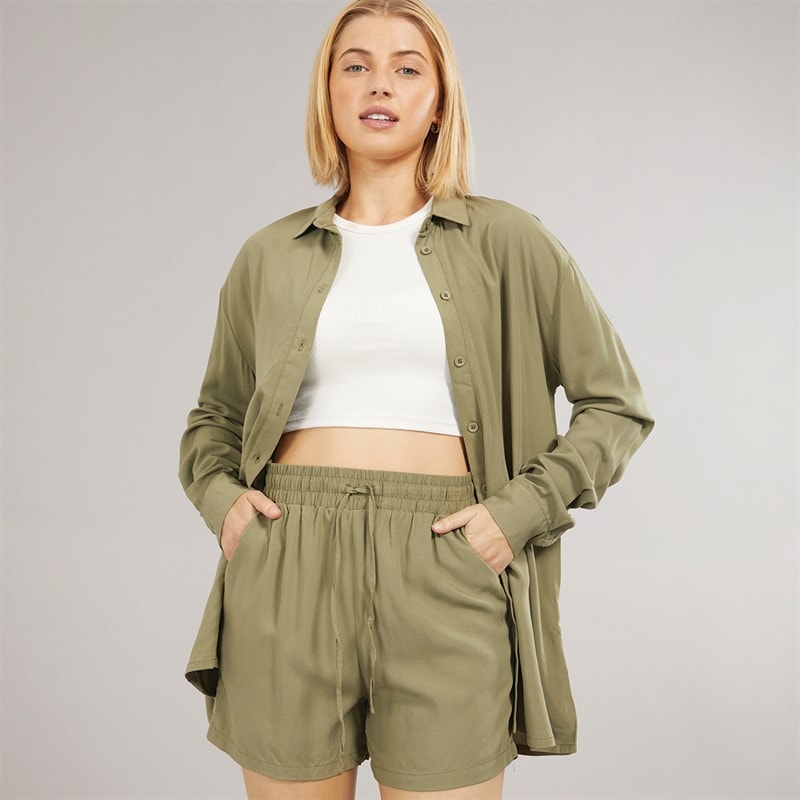 Board Angels Womens Co-Ord Long Shirt And Shorts Set Khaki - Image 5