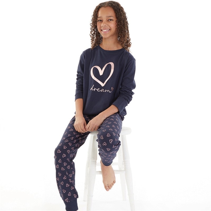 Board Angels Girls Heart Pyjama Set Navy - Image 1