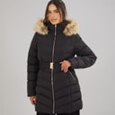 Board Angels Womens Belted Jacket With Faux Fur Trim Hood Black