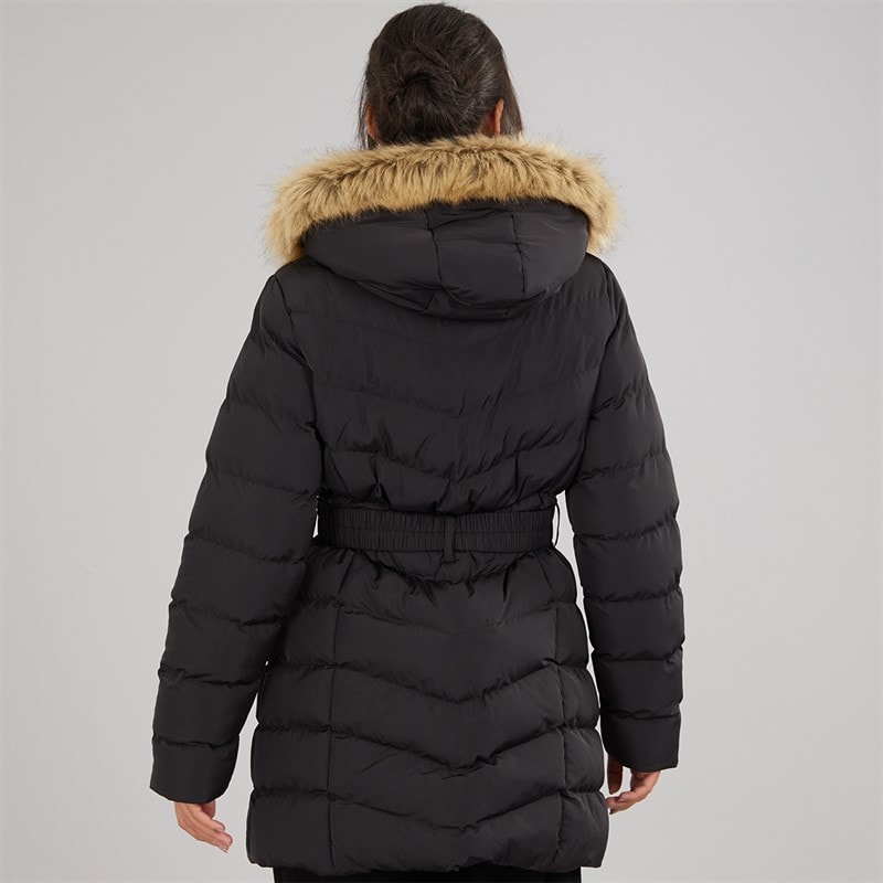 Board Angels Womens Belted Jacket With Faux Fur Trim Hood Black - Image 2