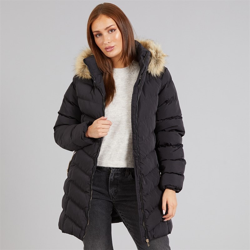 Board Angels Womens Belted Jacket With Faux Fur Trim Hood Black - Image 3