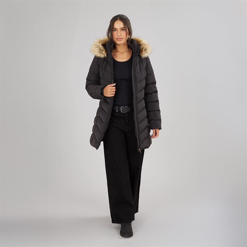 Board Angels Womens Belted Jacket With Faux Fur Trim Hood Black - Image 4