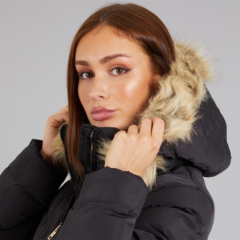 Board Angels Womens Belted Jacket With Faux Fur Trim Hood Black - Image 5