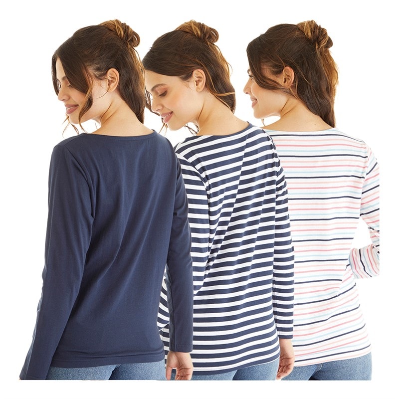 Board Angels Womens Stripe/Plain Three Pack Long Sleeved T-Shirts Navy/Pink - Image 2