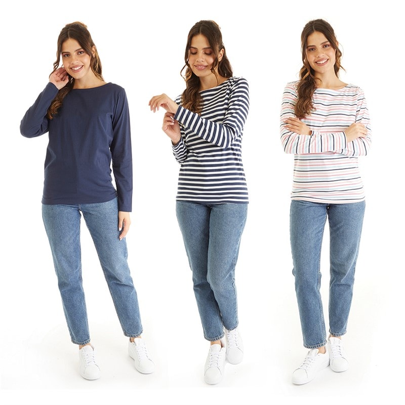 Board Angels Womens Stripe/Plain Three Pack Long Sleeved T-Shirts Navy/Pink - Image 3