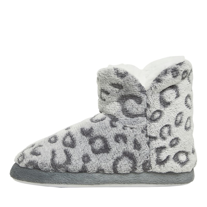Board Angels Womens Leopard Print Bootee Slipper Grey - Image 1
