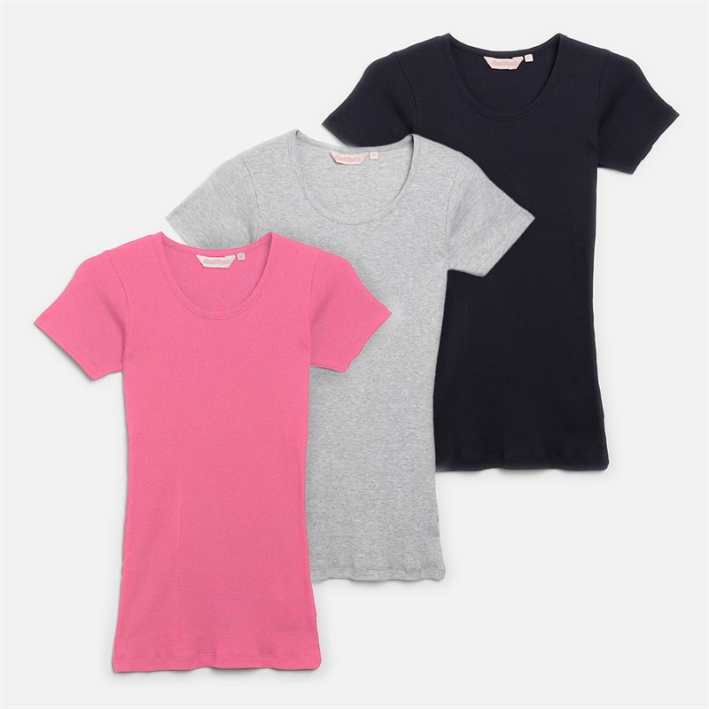 Board Angels Womens Three Pack Ribbed T-Shirts Navy/Pink/Grey Marl