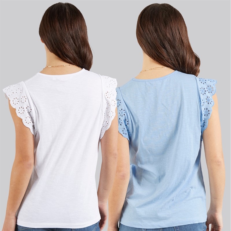 Board Angels Womens Broderie Anglaise Two Pack T-Shirts White/Blue - Image 2