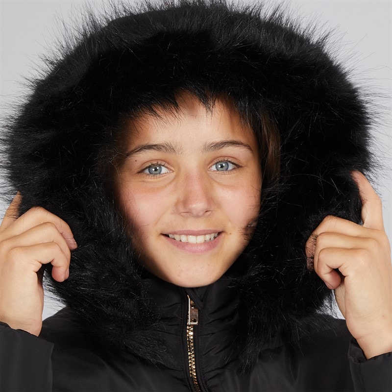 Board Angels Girls Belted Jacket With Faux Fur Hood Black - Image 3