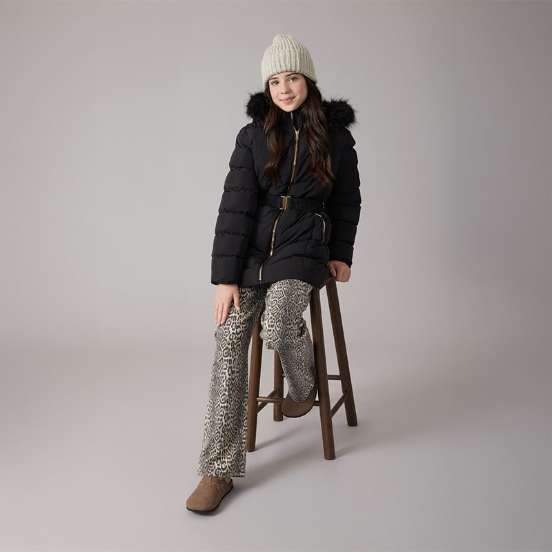 Board Angels Girls Belted Jacket With Faux Fur Hood Black - Image 4