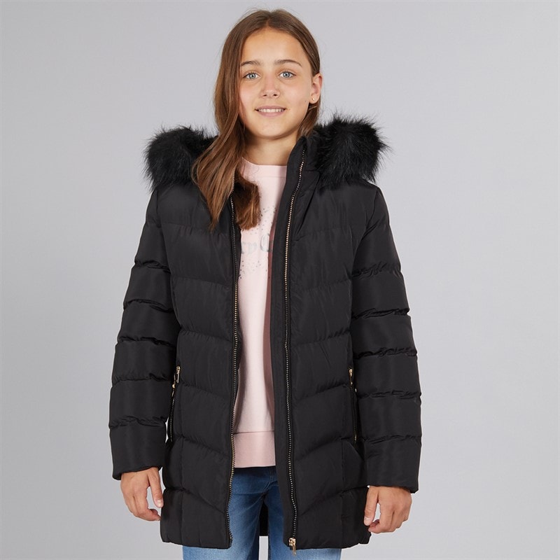 Board Angels Girls Belted Jacket With Faux Fur Hood Black - Image 5
