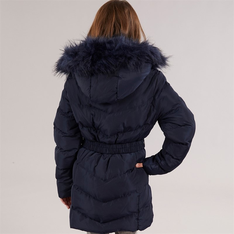 Board Angels Girls Belted Jacket With Faux Fur Hood Navy - Image 2