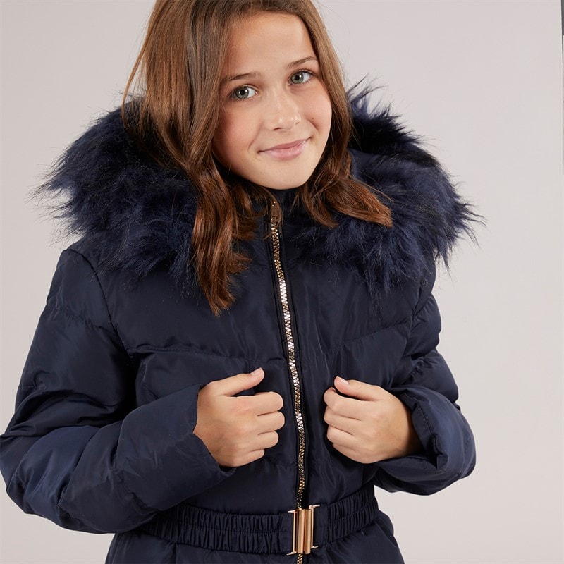 Board Angels Girls Belted Jacket With Faux Fur Hood Navy - Image 3