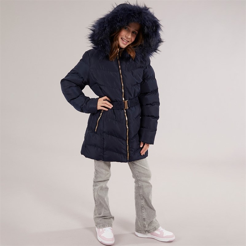 Board Angels Girls Belted Jacket With Faux Fur Hood Navy - Image 4