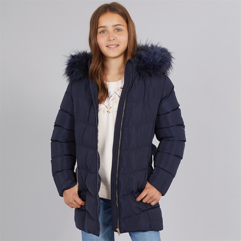 Board Angels Girls Belted Jacket With Faux Fur Hood Navy - Image 5