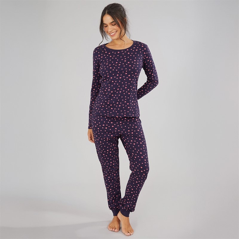 Board Angels Womens Heart Jersey Long Sleeved Pyjama Set Navy/Hearts Scatter - Image 3