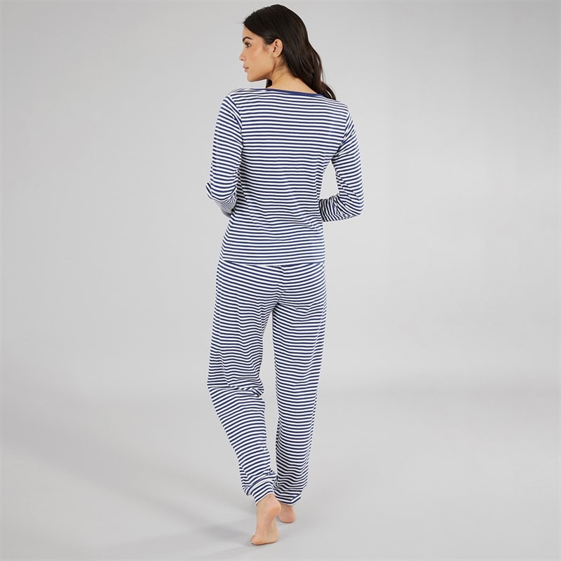 Board Angels Womens Long Sleeved Striped Pyjama Set Stripe Navy/Ecru - Image 2