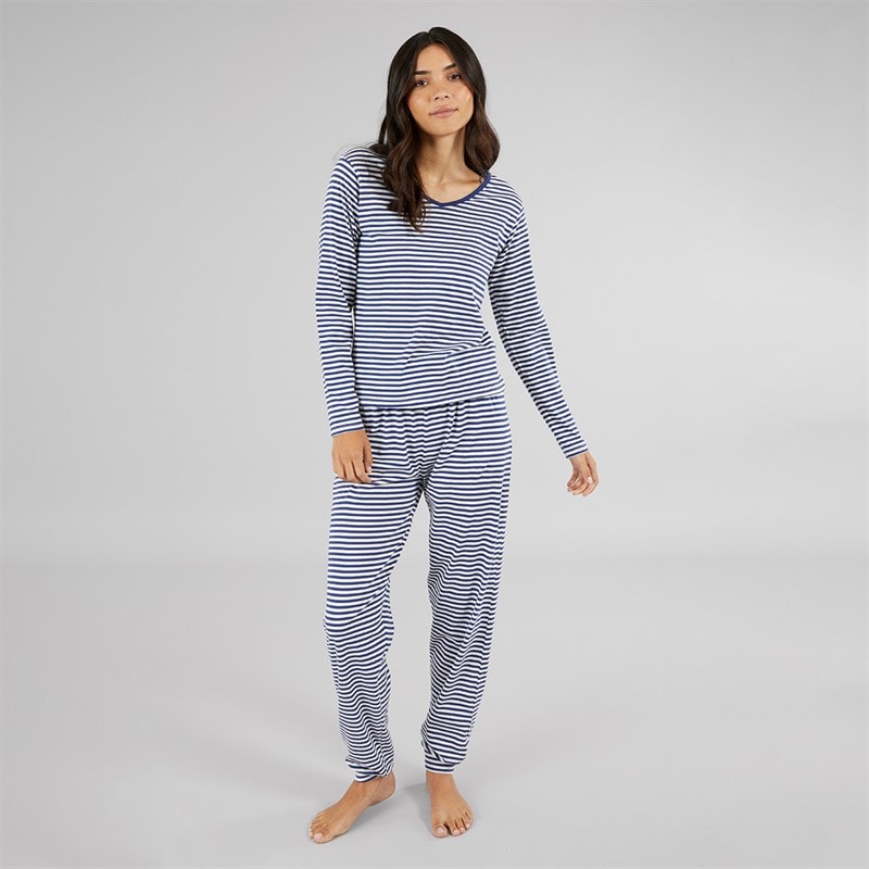 Board Angels Womens Long Sleeved Striped Pyjama Set Stripe Navy/Ecru - Image 3