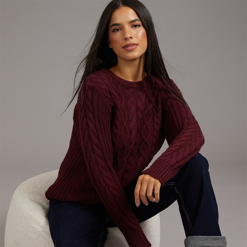 Board Angels Womens Cable Knit Sweater Burgundy - Image 1
