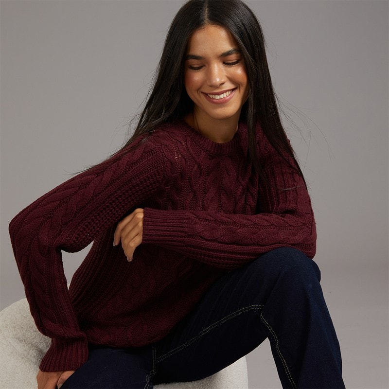 Board Angels Womens Cable Knit Sweater Burgundy - Image 3