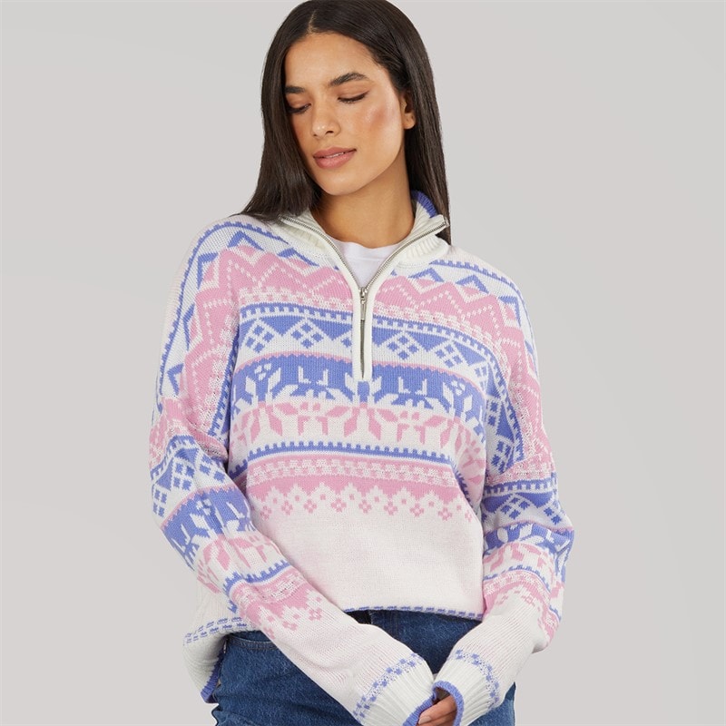 Board Angels Womens Half Zip Fair Isle Sweater Pastel Purple Pink - Image 1