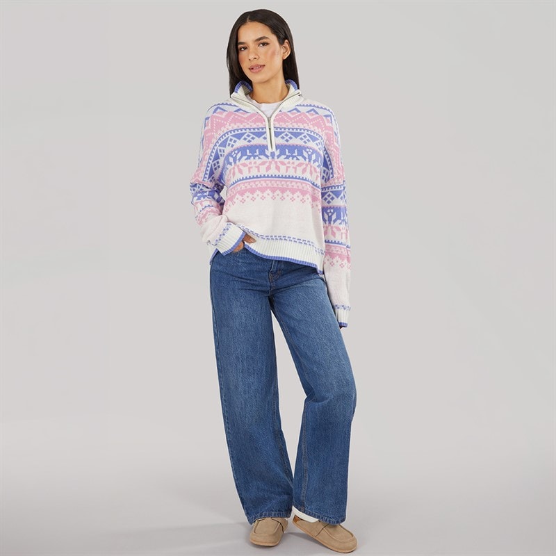 Board Angels Womens Half Zip Fair Isle Sweater Pastel Purple Pink - Image 3