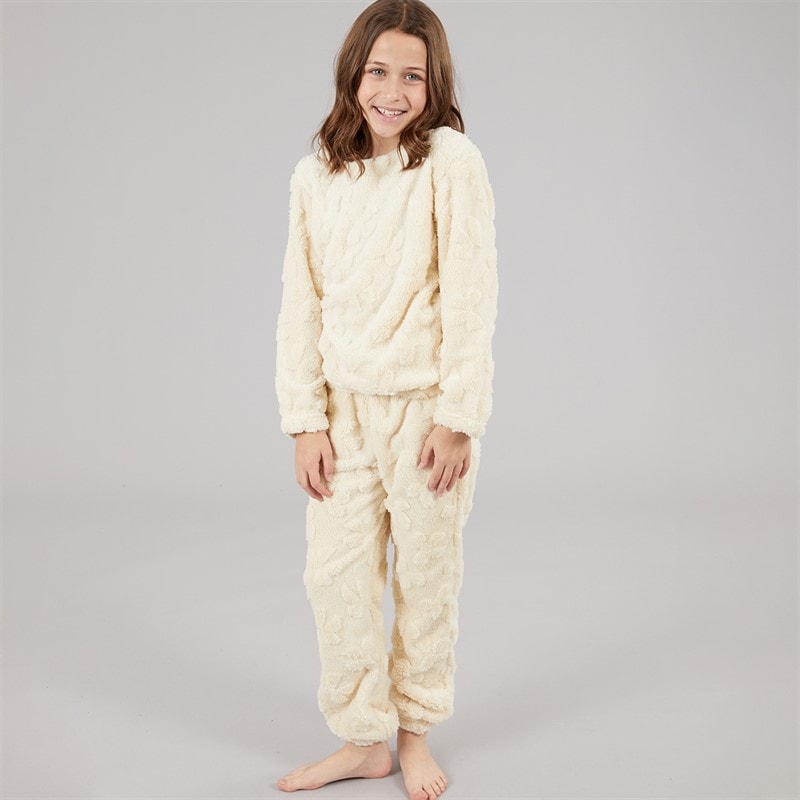 Board Angels Girls Bow Snuggle Fleece Twosie Set Ecru - Image 1