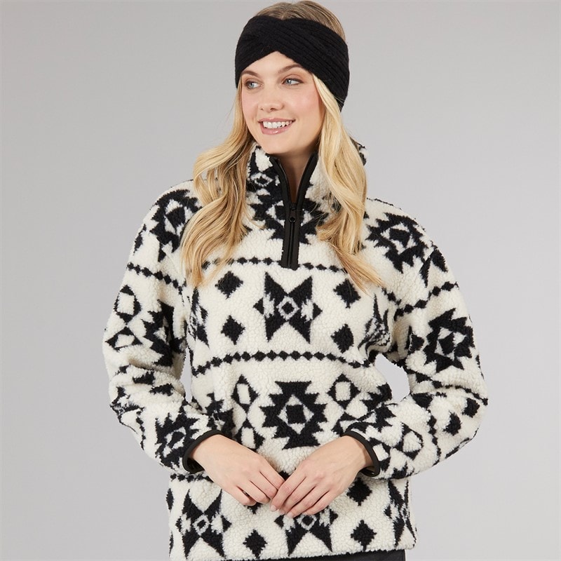 Board Angels Womens Aztec Borg 1/4 Zip Fleece Ecru/Black - Image 1