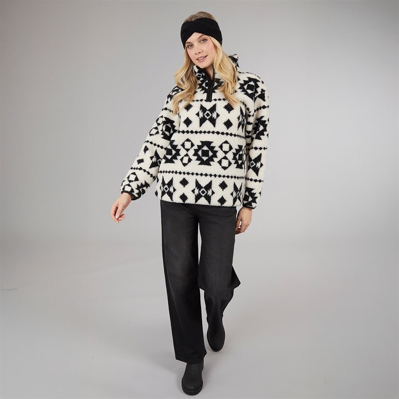 Board Angels Womens Aztec Borg 1/4 Zip Fleece Ecru/Black - Image 4