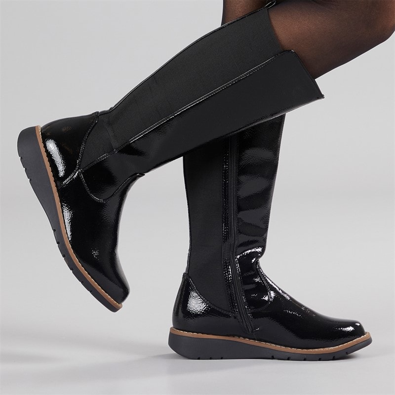 Board Angels Womens Lisa Knee High Wedge Boots Black Patent - Image 1