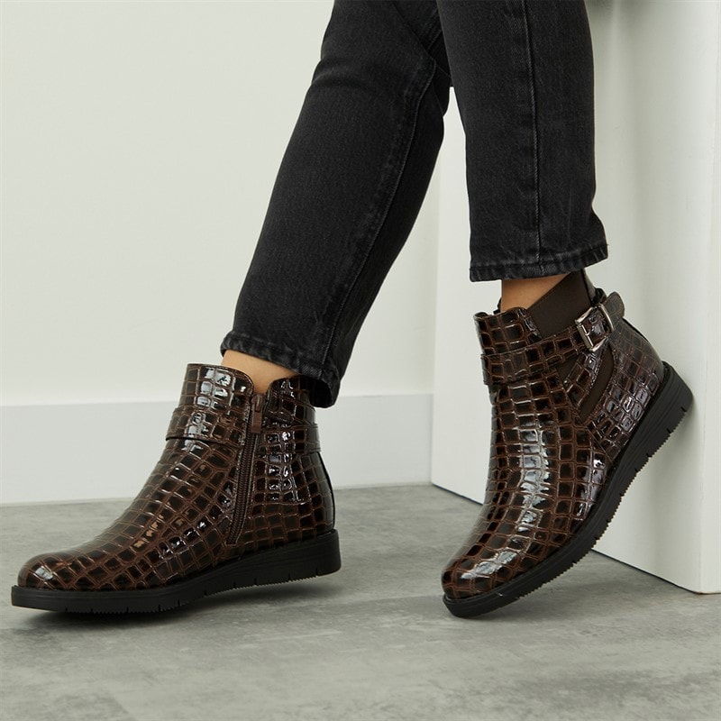 Board Angels Womens Willow Buckled Ankle Boots Brown Patent Croc - Image 1