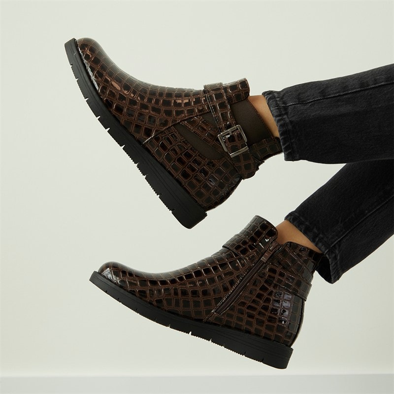 Board Angels Womens Willow Buckled Ankle Boots Brown Patent Croc - Image 5