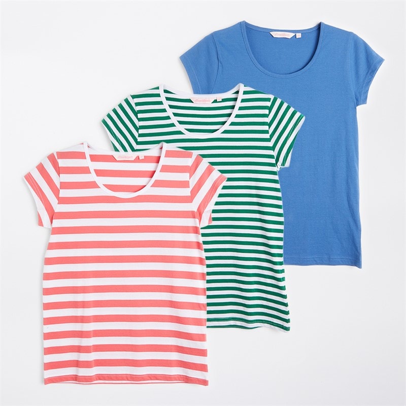 Board Angels Womens Stripe Pack T-Shirts Denim Blue/Dusky Pink Stripe/Green Stripe
