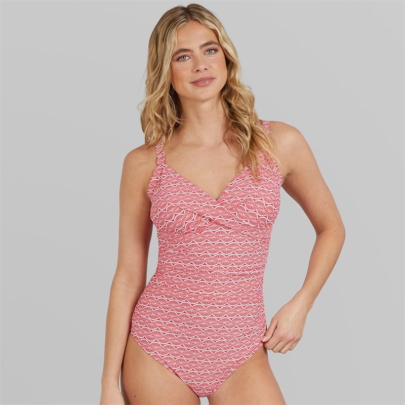 Board Angels Womens Wrap Tummy Shaping Swimsuit Red Spiral Print - Image 1
