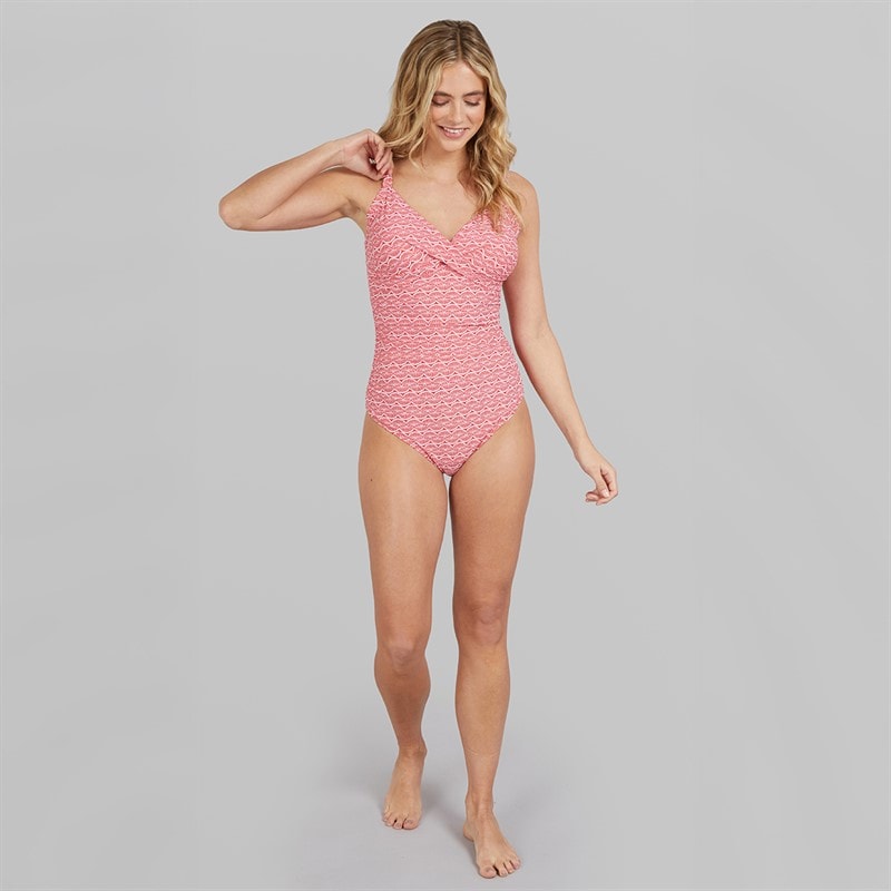 Board Angels Womens Wrap Tummy Shaping Swimsuit Red Spiral Print - Image 3