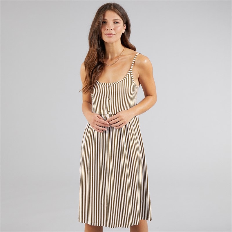 Board Angels Womens Strappy Midi Striped Dress Khaki/Winter White - Image 1