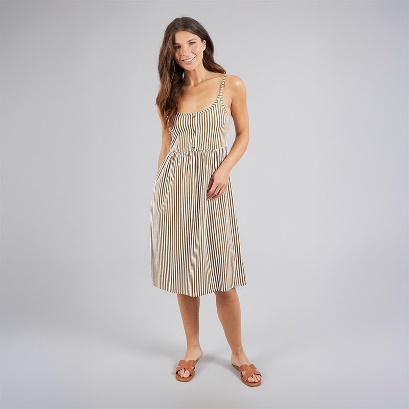 Board Angels Womens Strappy Midi Striped Dress Khaki/Winter White - Image 4