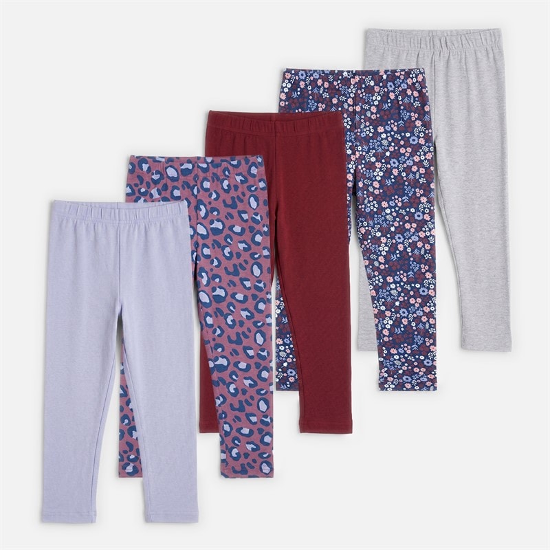 Board Angels Girls Five Pack Plain/Print Leggings Multi