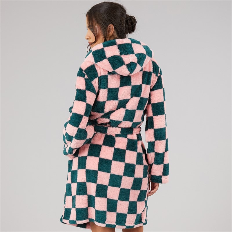 Board Angels Womens Wellsoft Checked Hooded Dressing Gown Pink/Green Check - Image 2