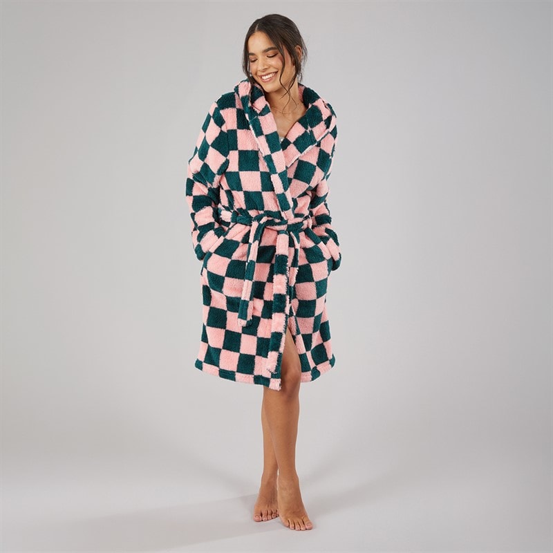 Board Angels Womens Wellsoft Checked Hooded Dressing Gown Pink/Green Check - Image 4