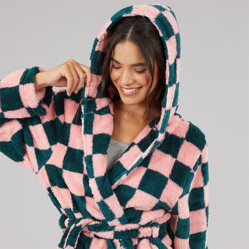 Board Angels Womens Wellsoft Checked Hooded Dressing Gown Pink/Green Check - Image 5