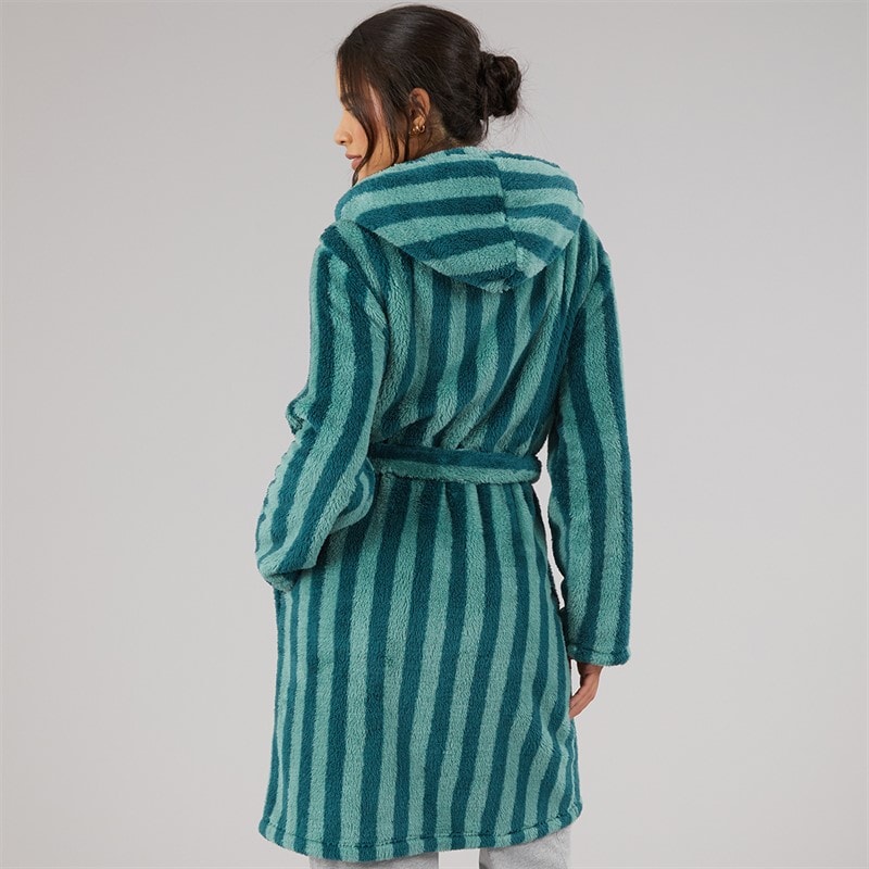 Board Angels Womens Wellsoft Hooded Striped Dressing Gown Green Stripe - Image 2