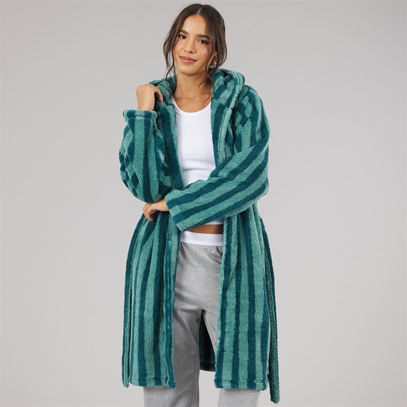 Board Angels Womens Wellsoft Hooded Striped Dressing Gown Green Stripe - Image 3