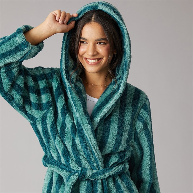 Board Angels Womens Wellsoft Hooded Striped Dressing Gown Green Stripe - Image 5