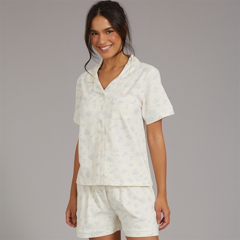 Board Angels Womens Brunch Button Through Short Pyjama Set Ecru Multi - Image 3